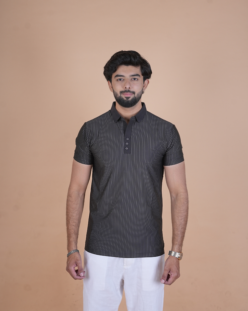 Black Classic Stripe Half-Sleeve Polo T-Shirt