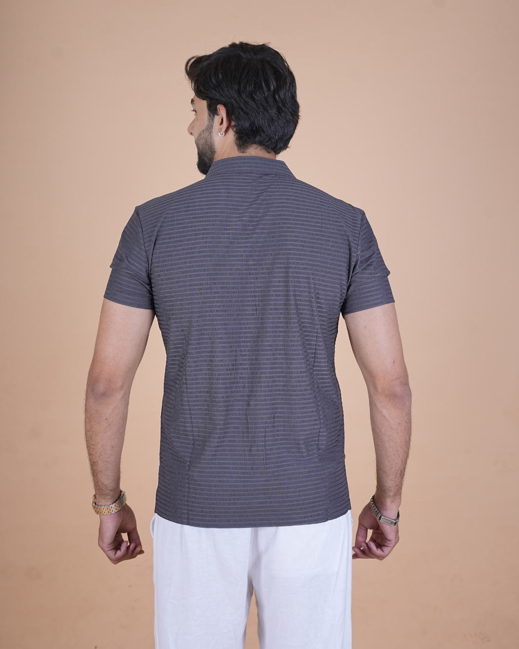 Grey Textured Stitchless Cuban Collar Shirt