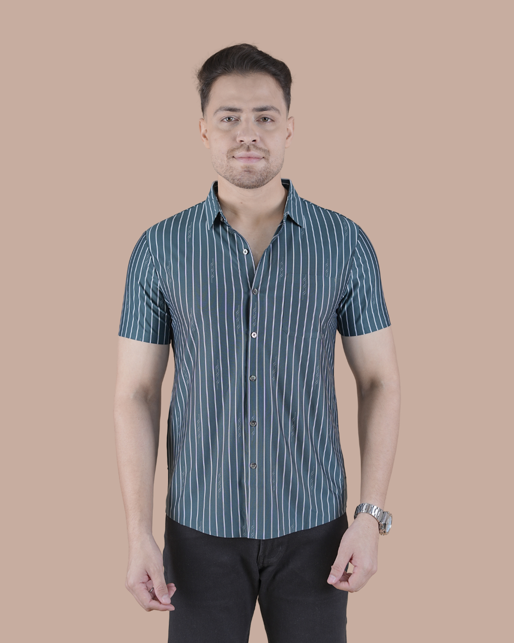 Slate Blue Striped Stitchless Half Sleeve Shirt