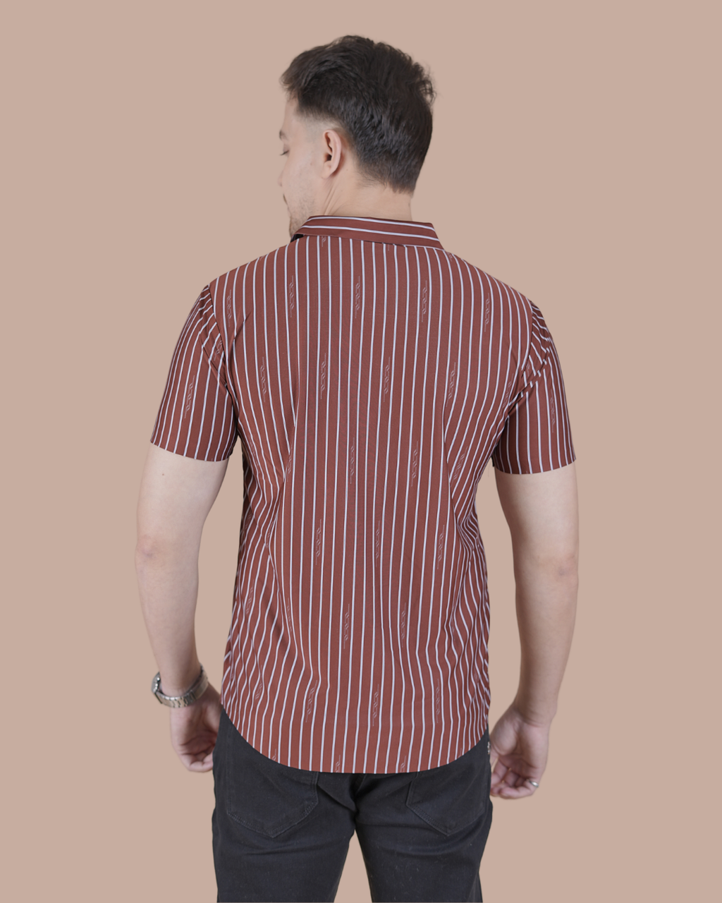 Rust Brown Striped Stitchless Half Sleeve Shirt