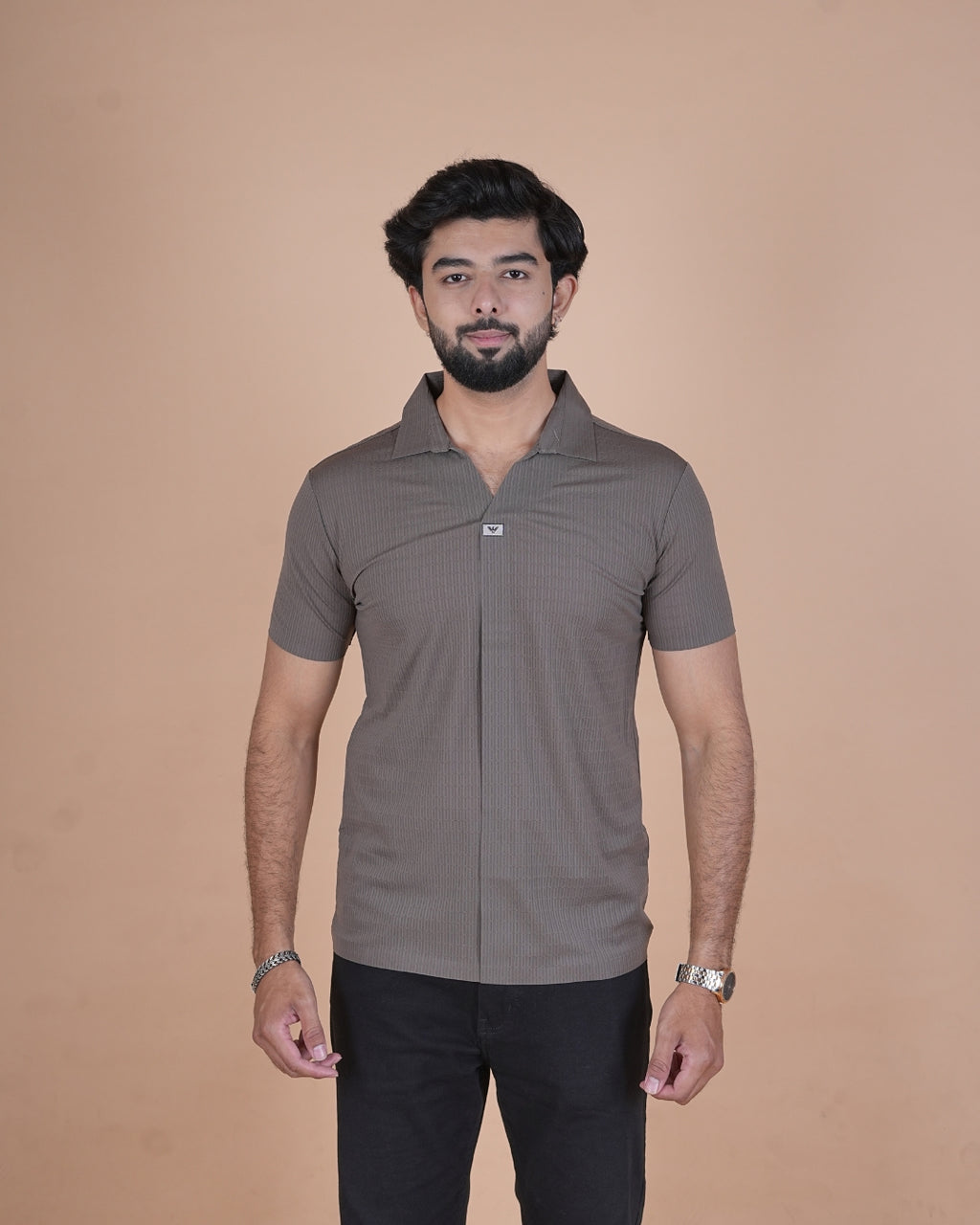 Taupe Brown Seamless V-Neck Polo T-Shirt