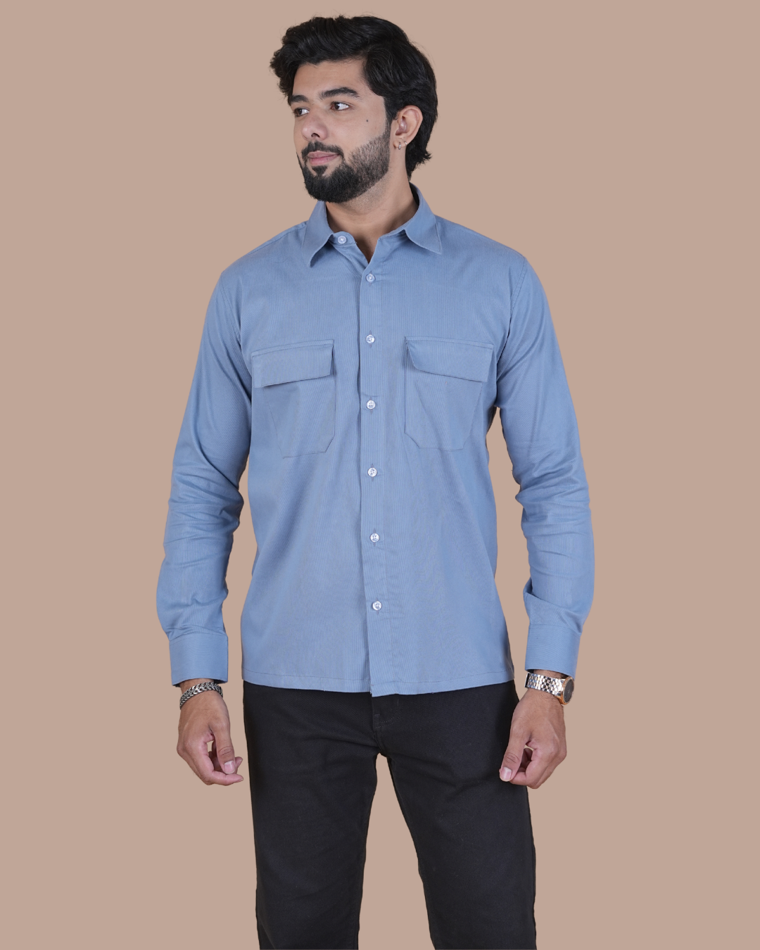 Slate Blue Corduroy Semi-Casual Shirt