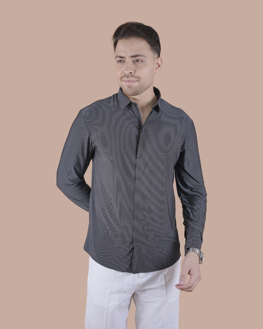 Charcoal Grey Imported Zipper Sacket Shirt