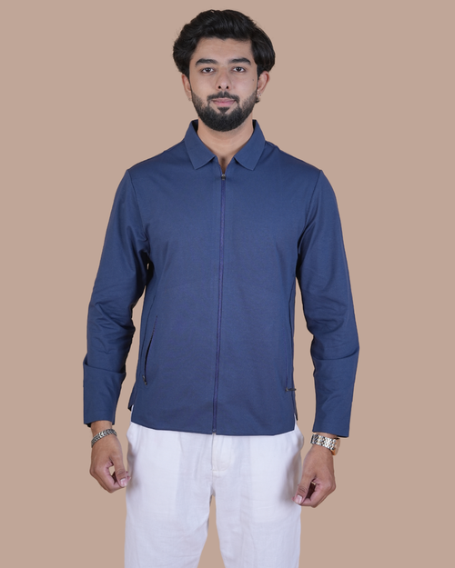 blue Double Pocket Full-Sleeve Zipper Jacket