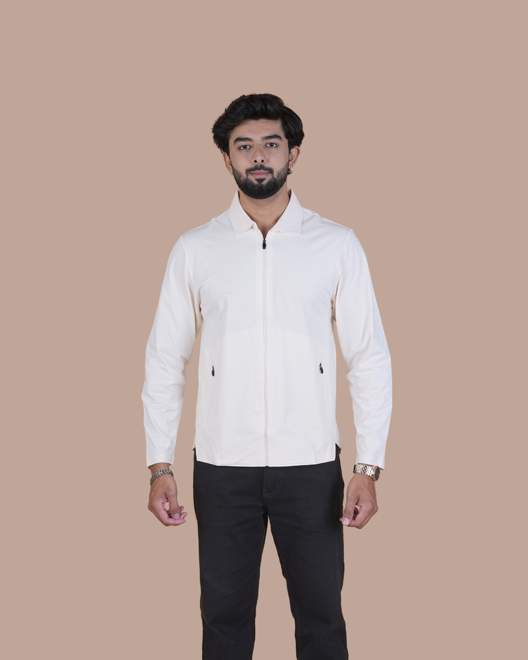 white Double Pocket Full-Sleeve Zipper Jacket