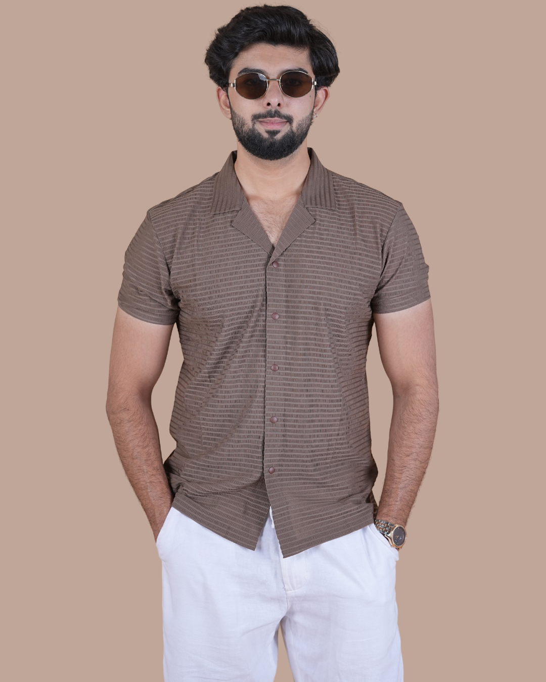 Mocha Brown Textured Stitchless Cuban Collar Shirt