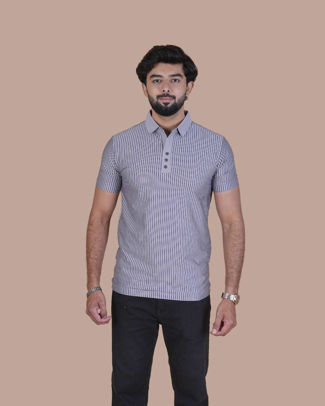 gray Classic Stripe Half-Sleeve Polo T-Shirt