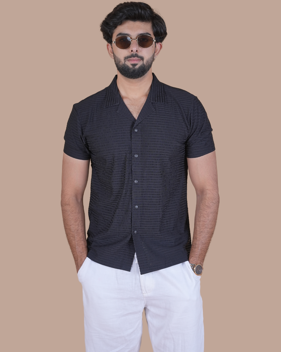 Black Textured Stitchless Cuban Collar Shirt  Description: