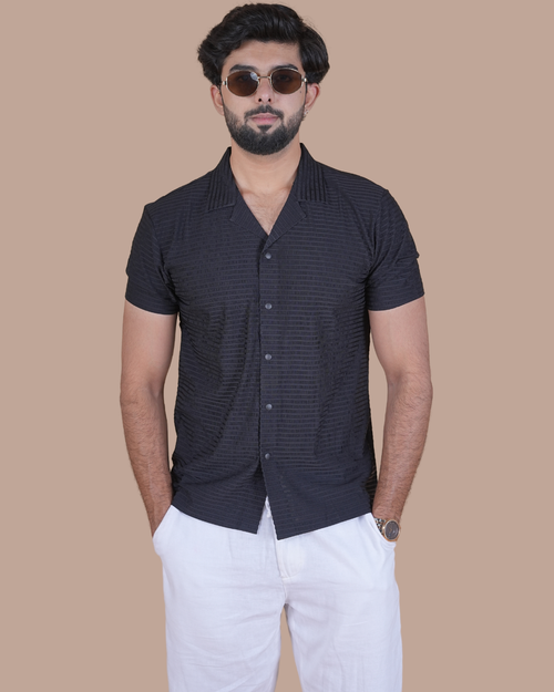 Black Textured Stitchless Cuban Collar Shirt  Description: