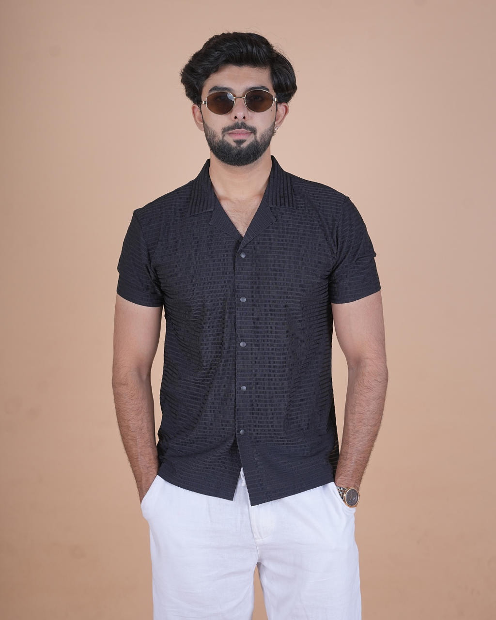 Black Textured Stitchless Cuban Collar Shirt  Description: