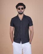 Black Textured Stitchless Cuban Collar Shirt  Description: