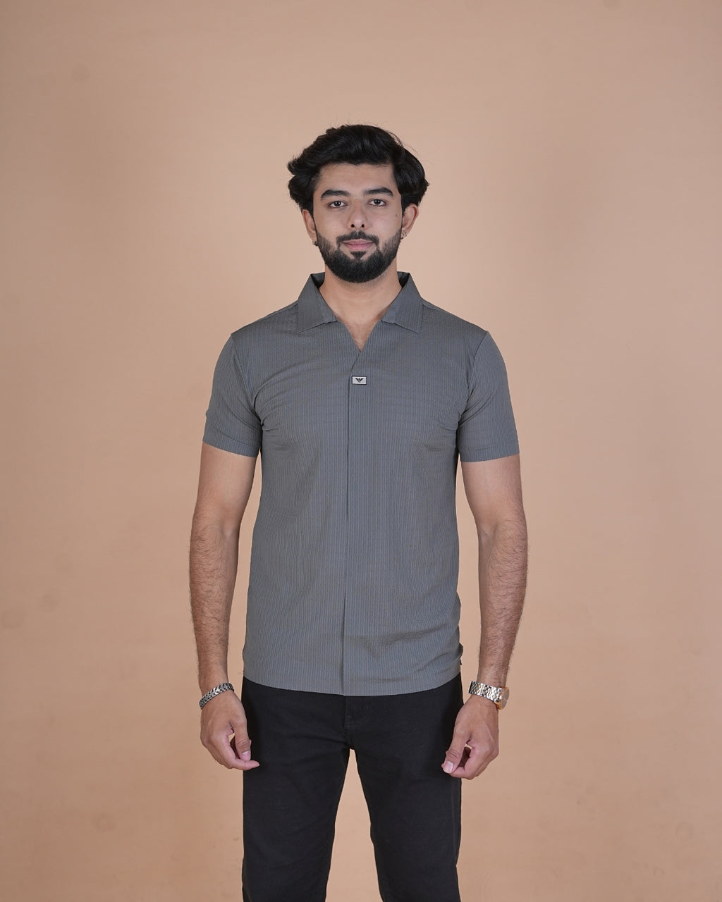 Smoke Grey Seamless V-Neck Polo T-Shirt
