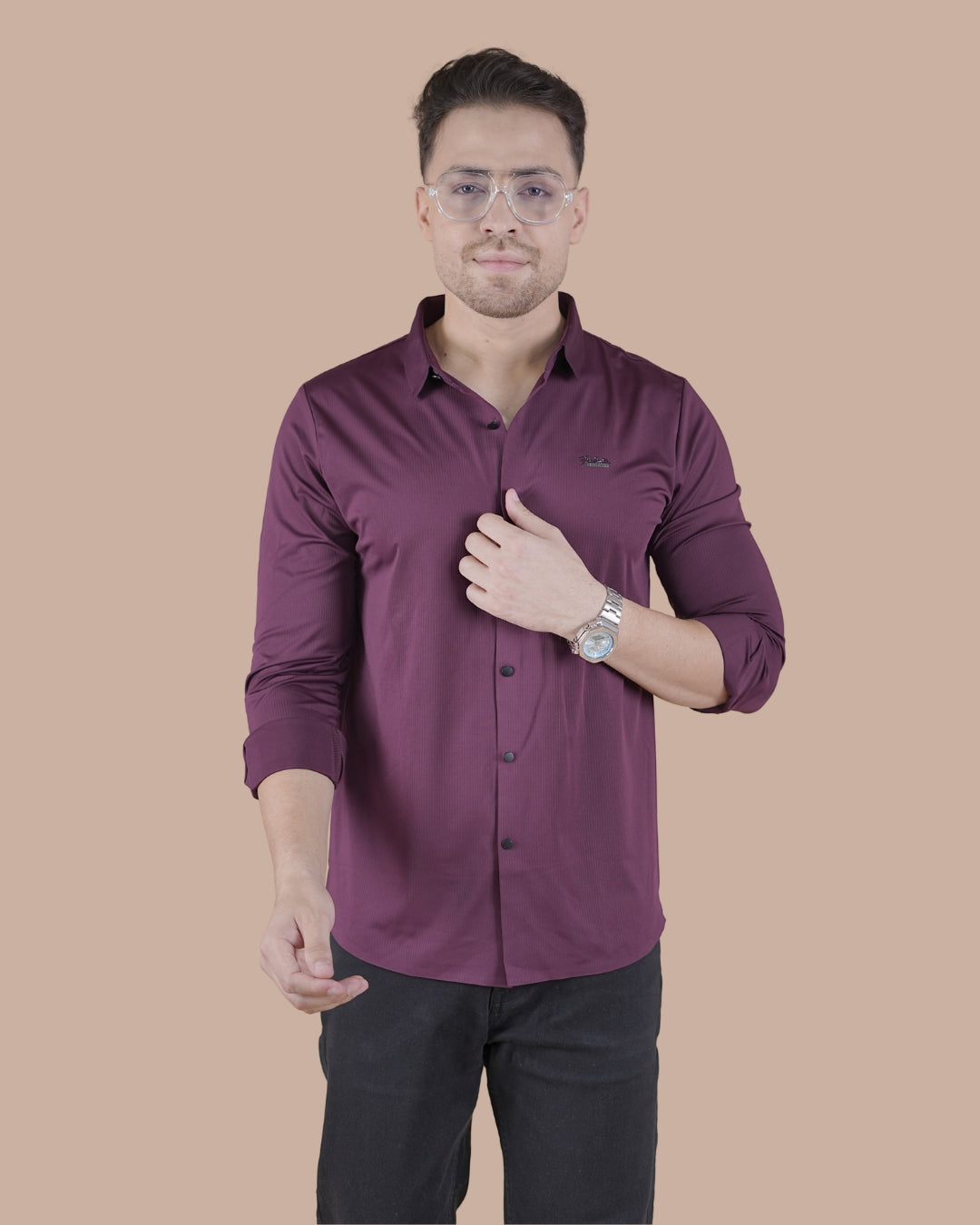 Wine Purple Full Sleeves Self Stripe Stitchless Formal Shirt