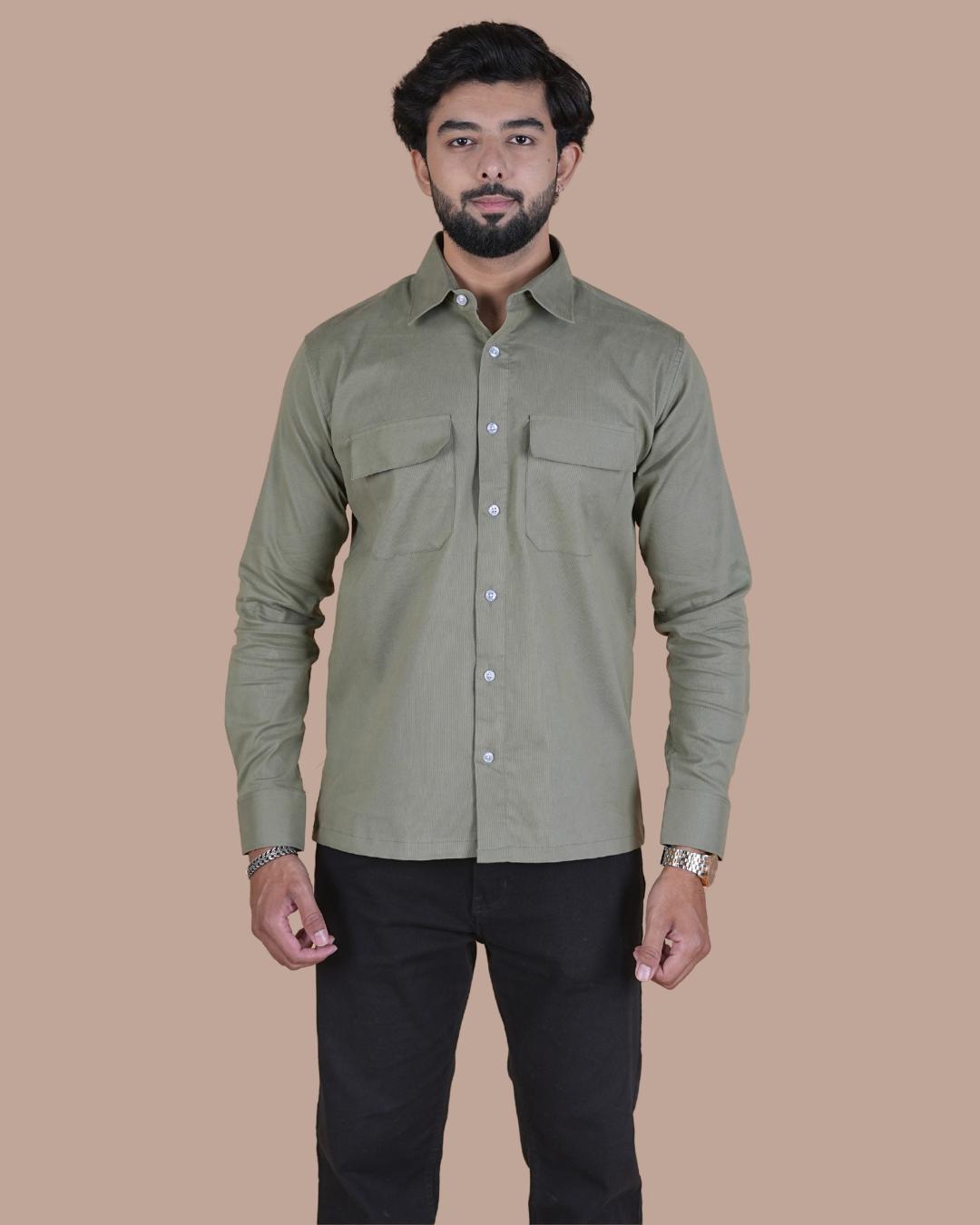 Olive Grey Corduroy Semi-Casual Shirt
