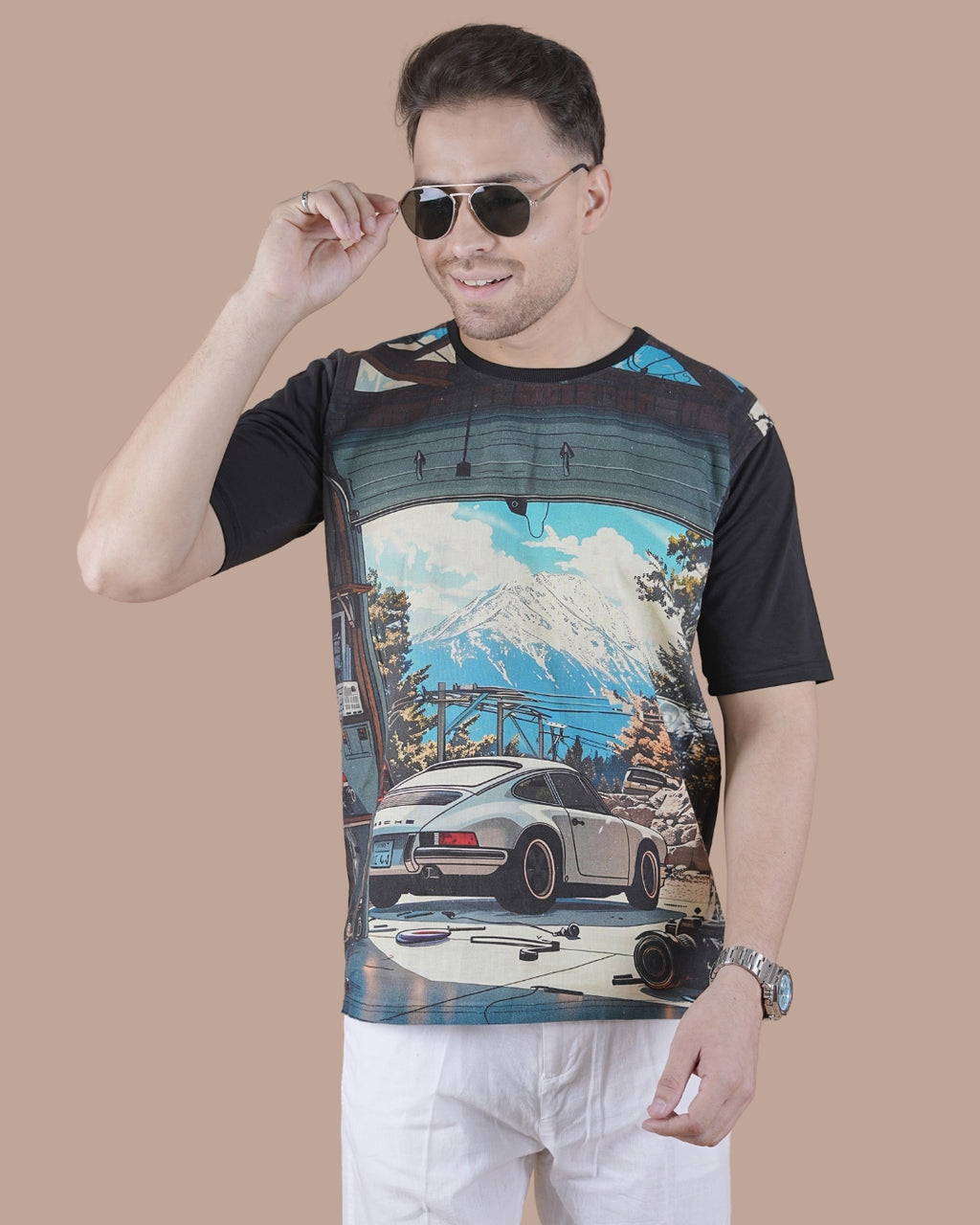 Onyx Black Linen Graphic Casual T-Shirt
