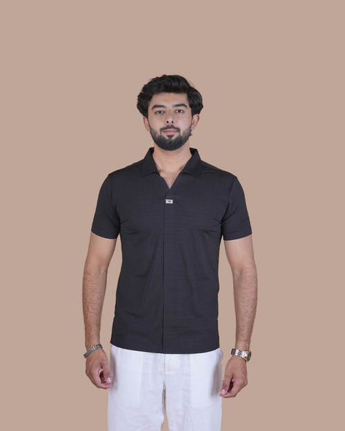 Black Seamless V-Neck Polo T-Shirt