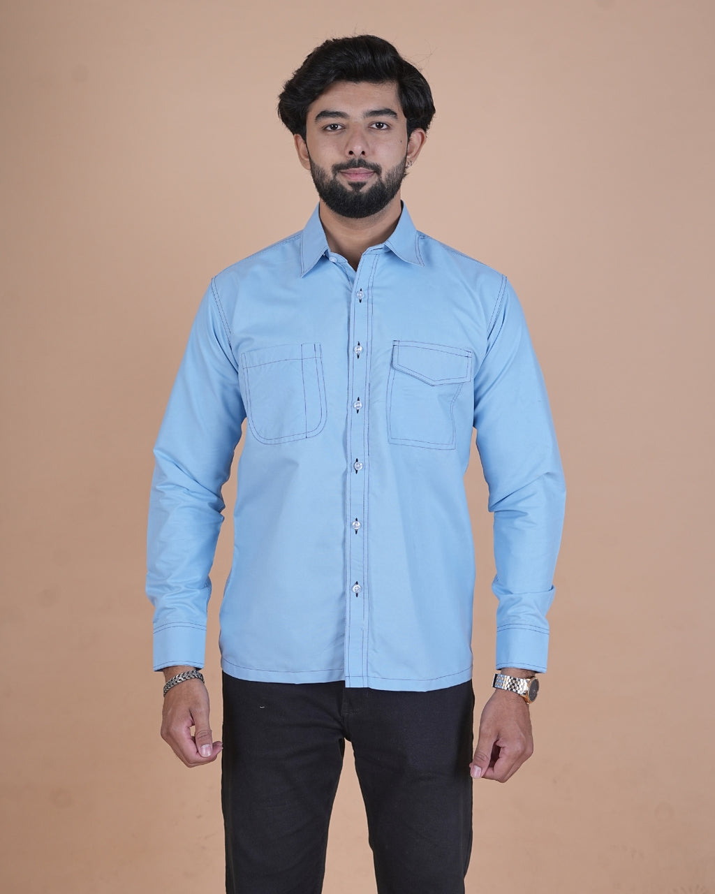 Sky Blue Double Stitch Premium Casual Shirt