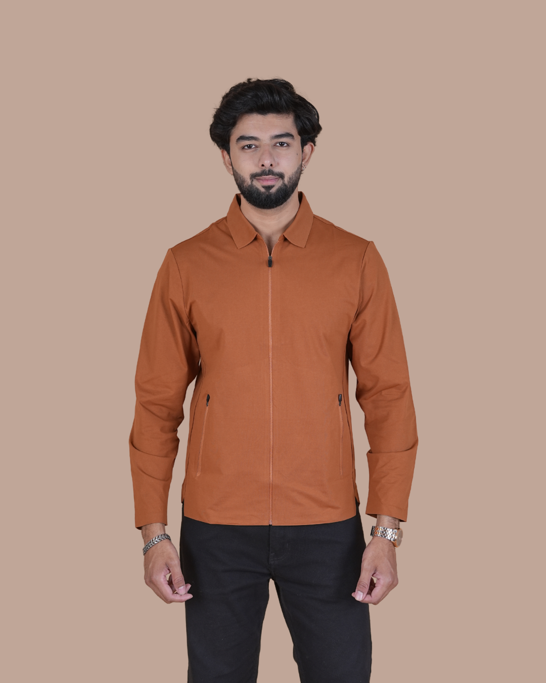 orange Double Pocket Full-Sleeve Zipper Jacket