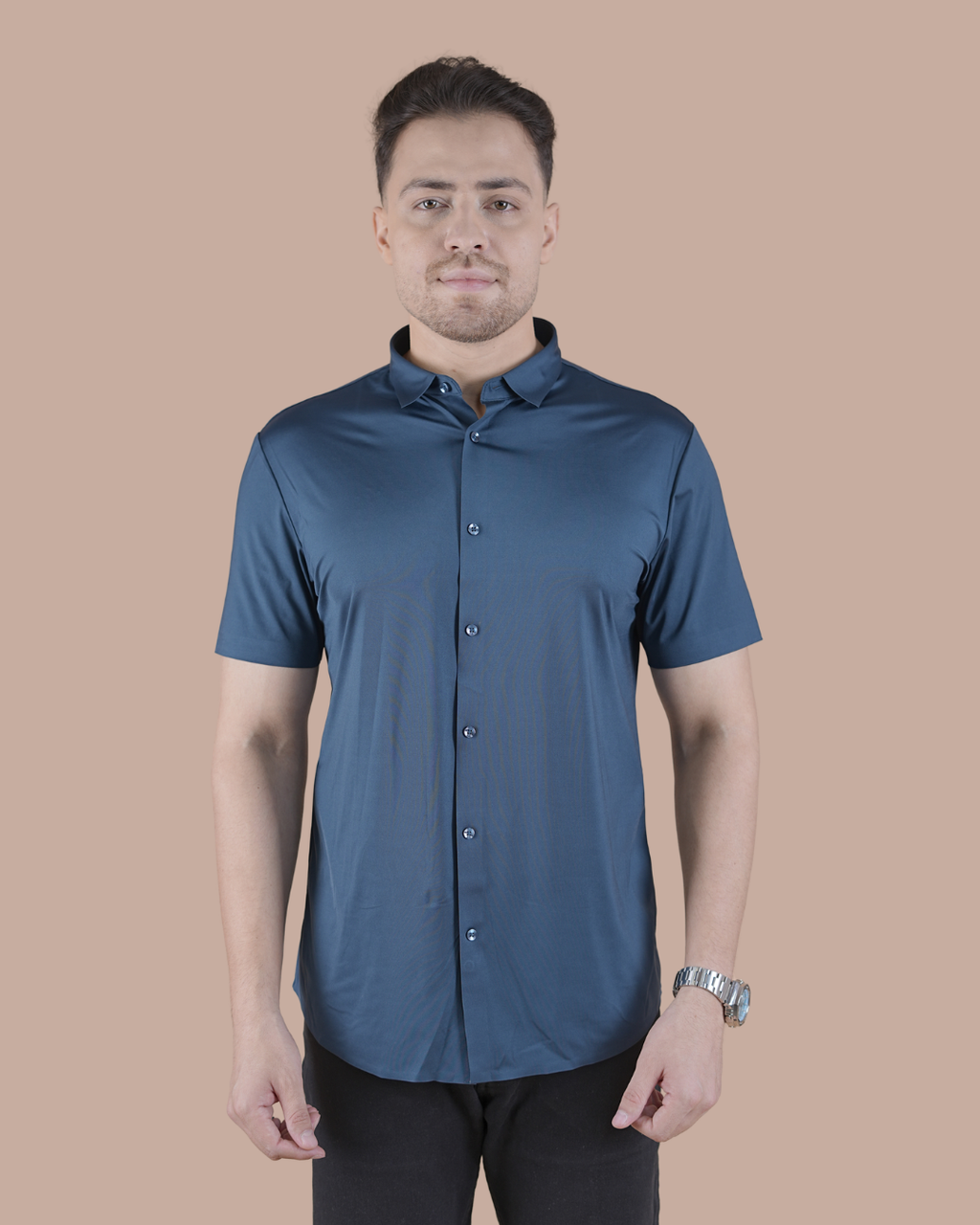 Navy Solid Self-Shine Formal Half Sleeve Shirt