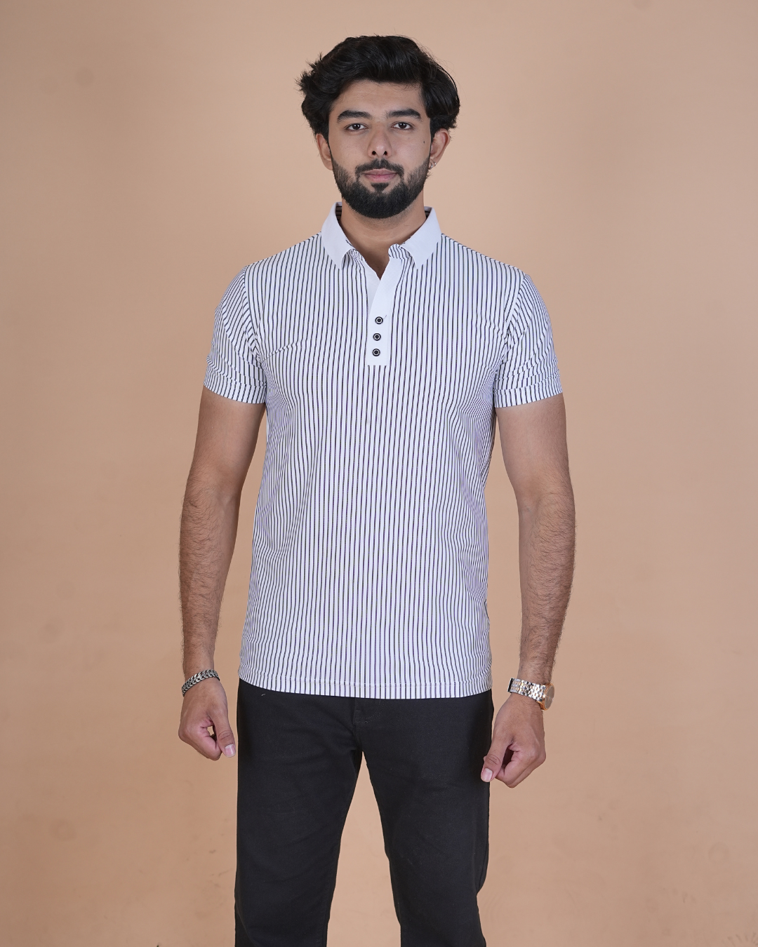 white Classic Stripe Half-Sleeve Polo T-Shirt