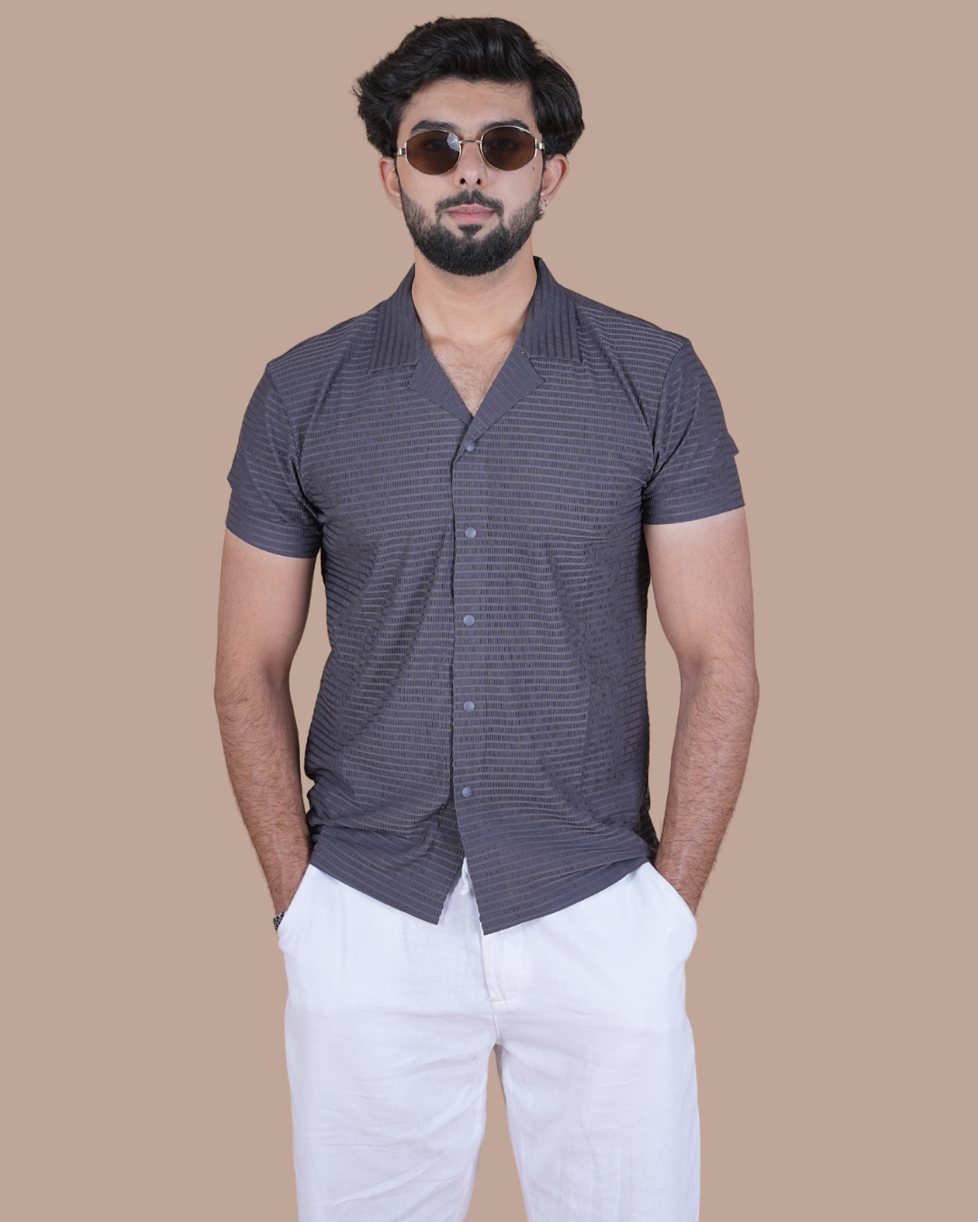 Grey Textured Stitchless Cuban Collar Shirt