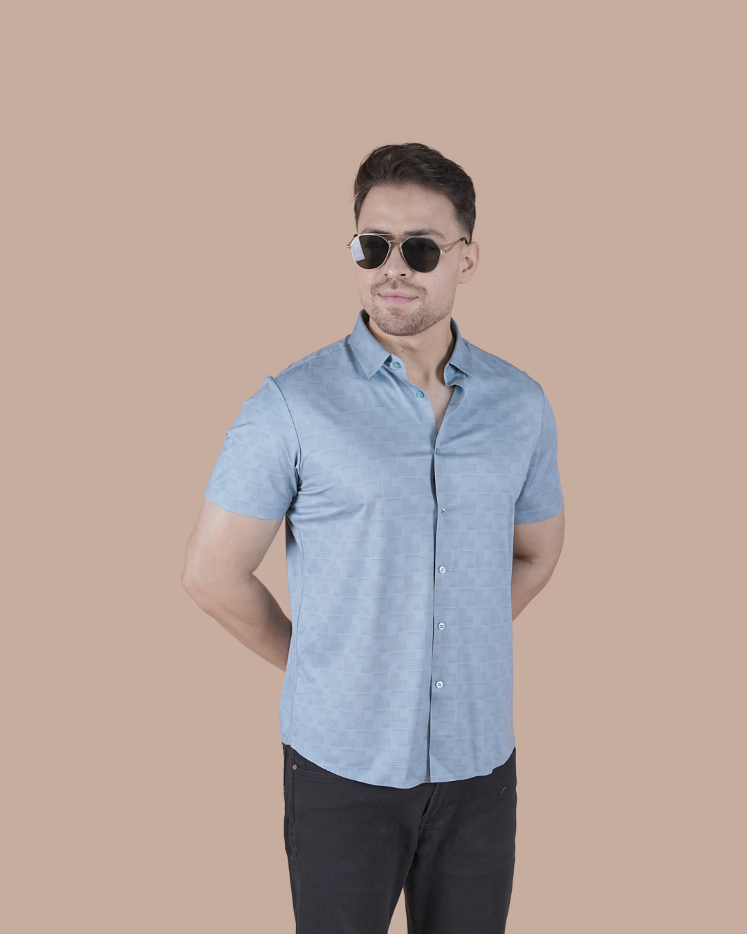 Sky Blue Textured Seamless Half Sleeve Shirt