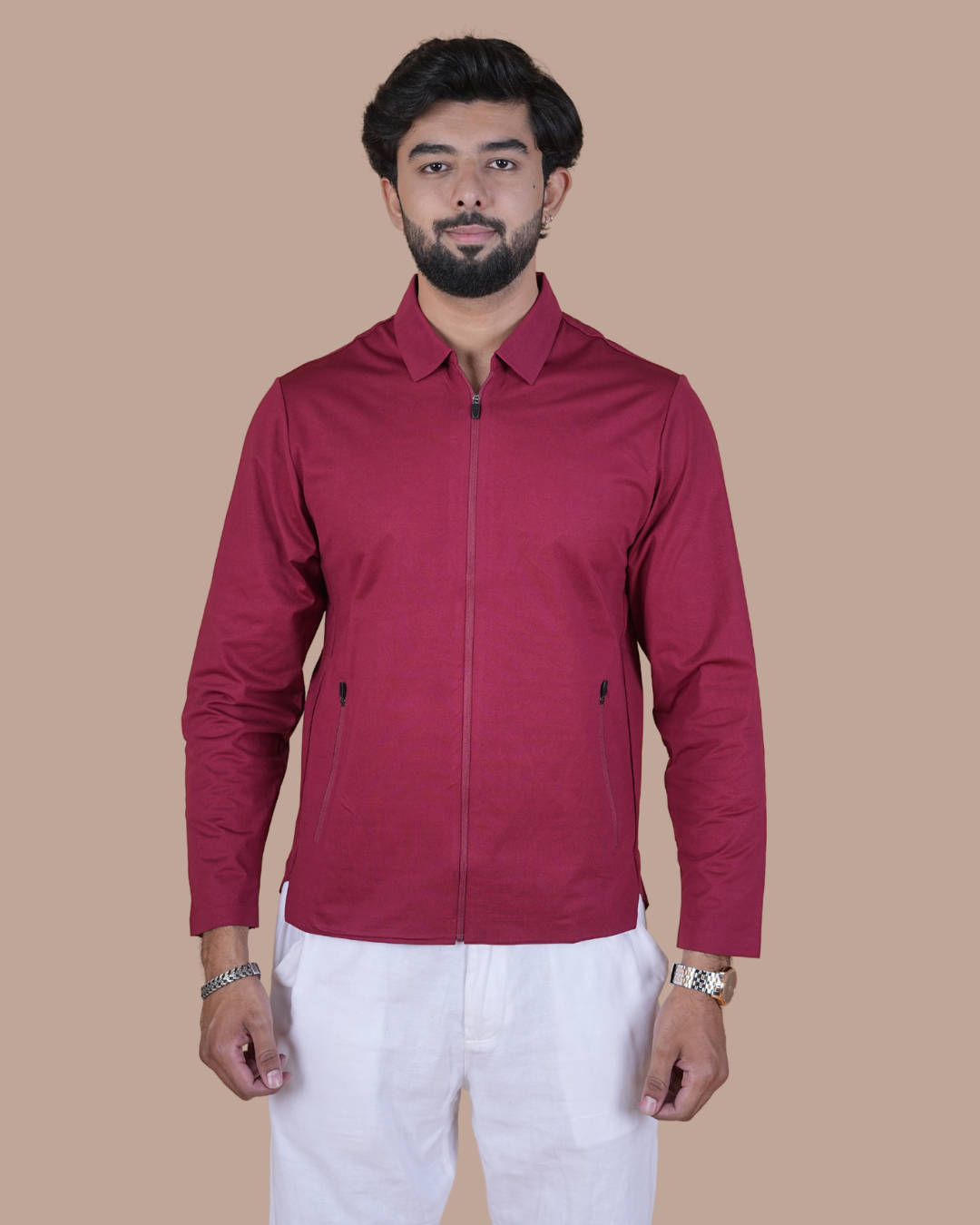 maroon Double Pocket Full-Sleeve Zipper Jacket