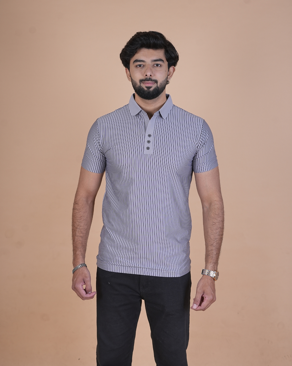 gray Classic Stripe Half-Sleeve Polo T-Shirt