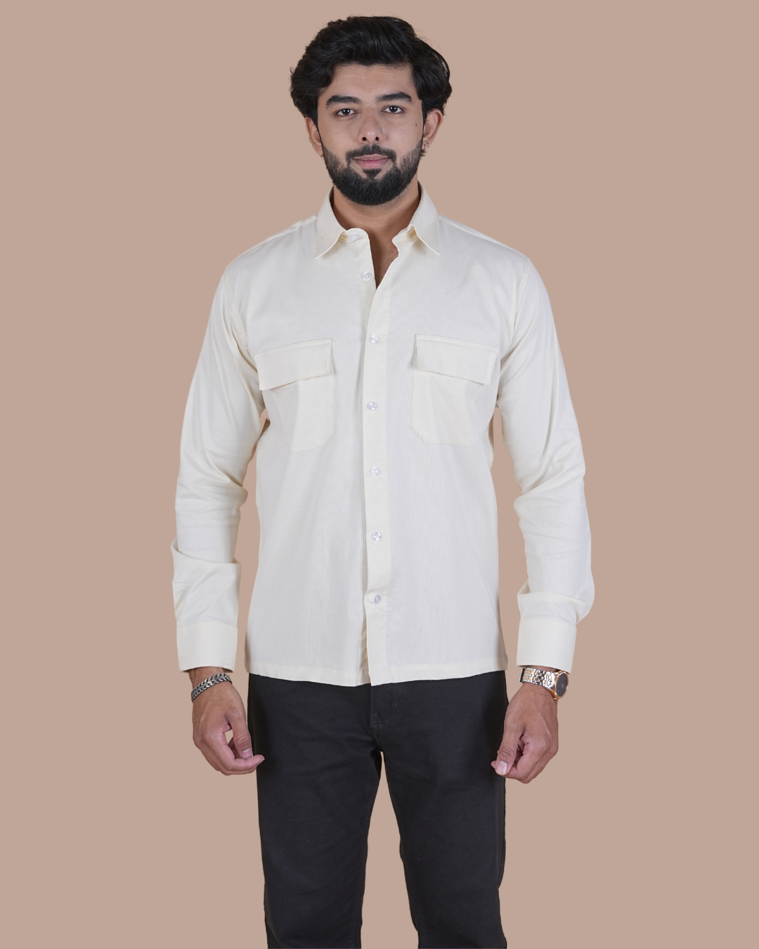Pearl Grey Corduroy Semi-Casual Shirt