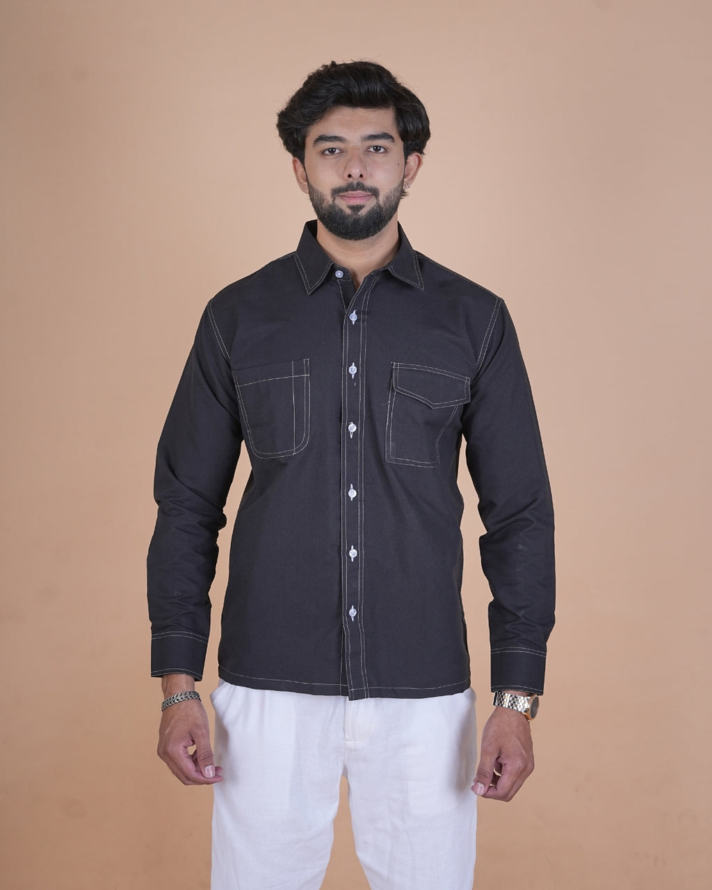 Jet Black Contrast Double Stitch Casual Shirt