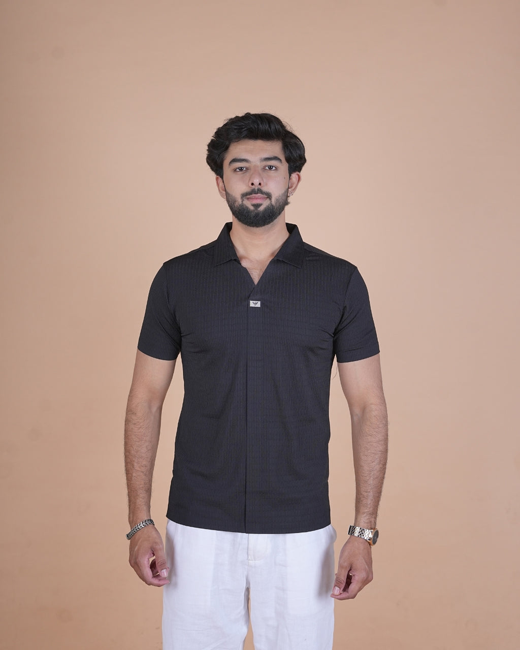 Black Seamless V-Neck Polo T-Shirt