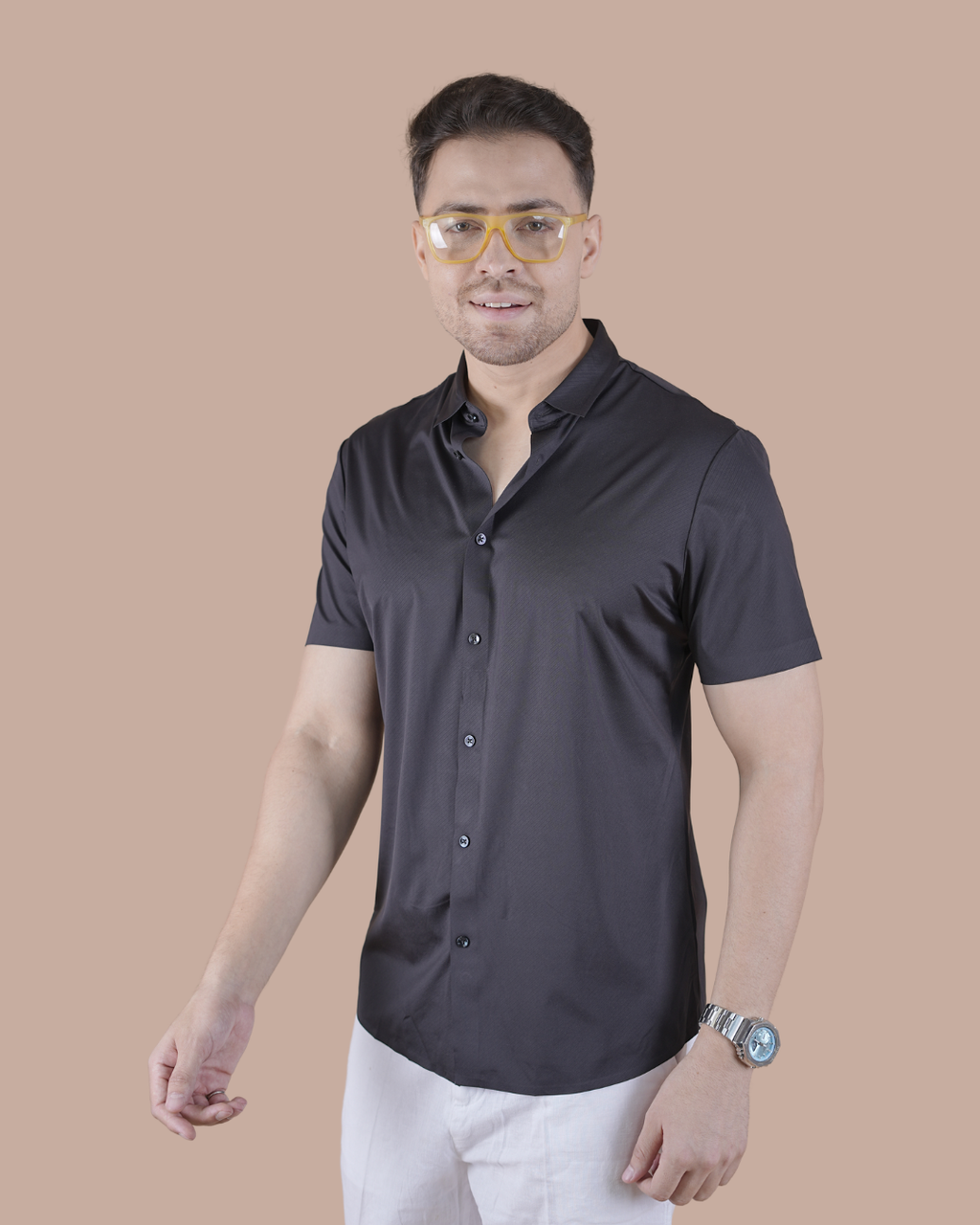 Black Solid Self-Shine Formal Half Sleeve Shirt