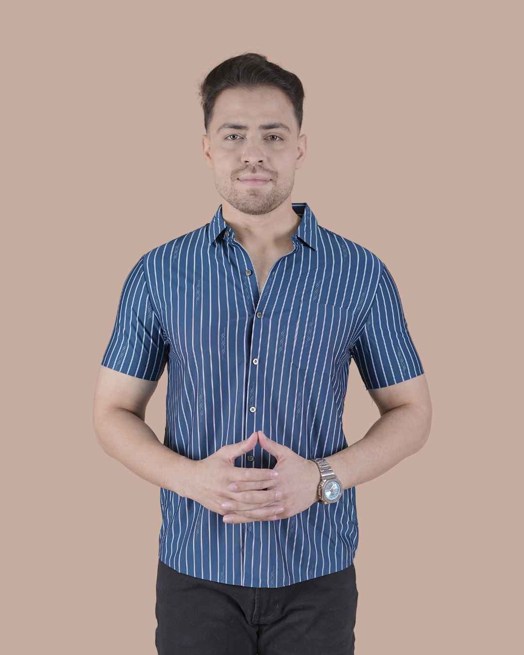 Royal Blue Striped Stitchless Half Sleeve Shirt