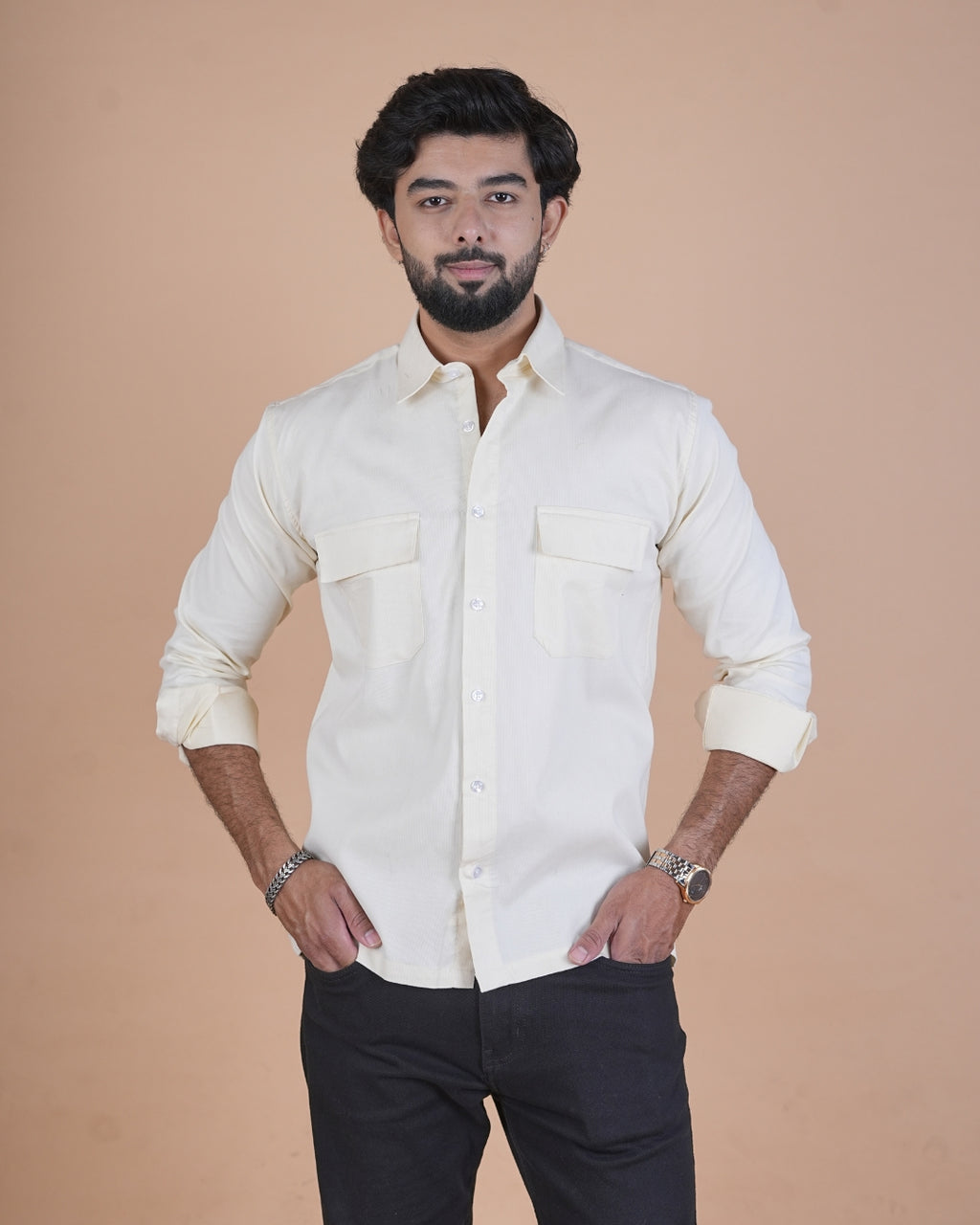 Pearl Grey Corduroy Semi-Casual Shirt
