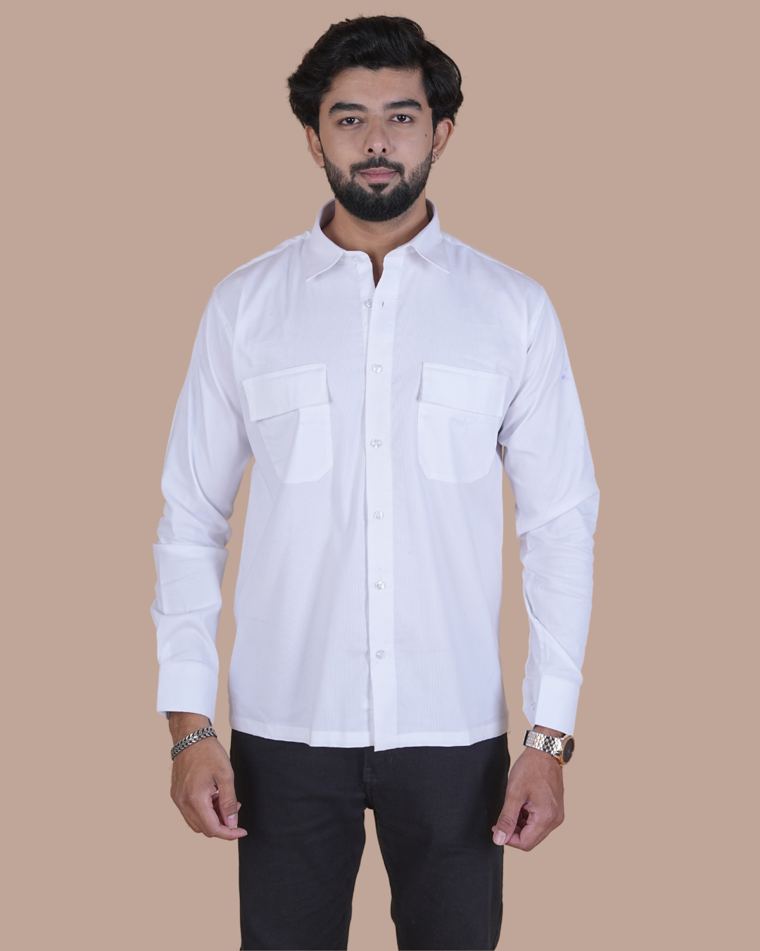 White Corduroy Double Pocket Semi-Casual Shirt