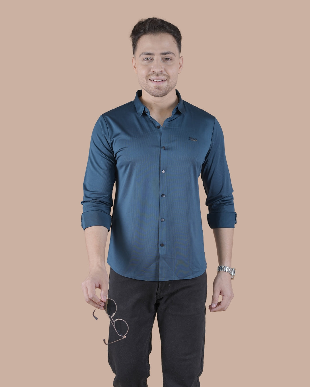 Blue Full Sleeves Self Stripe Stitchless Formal Shirt