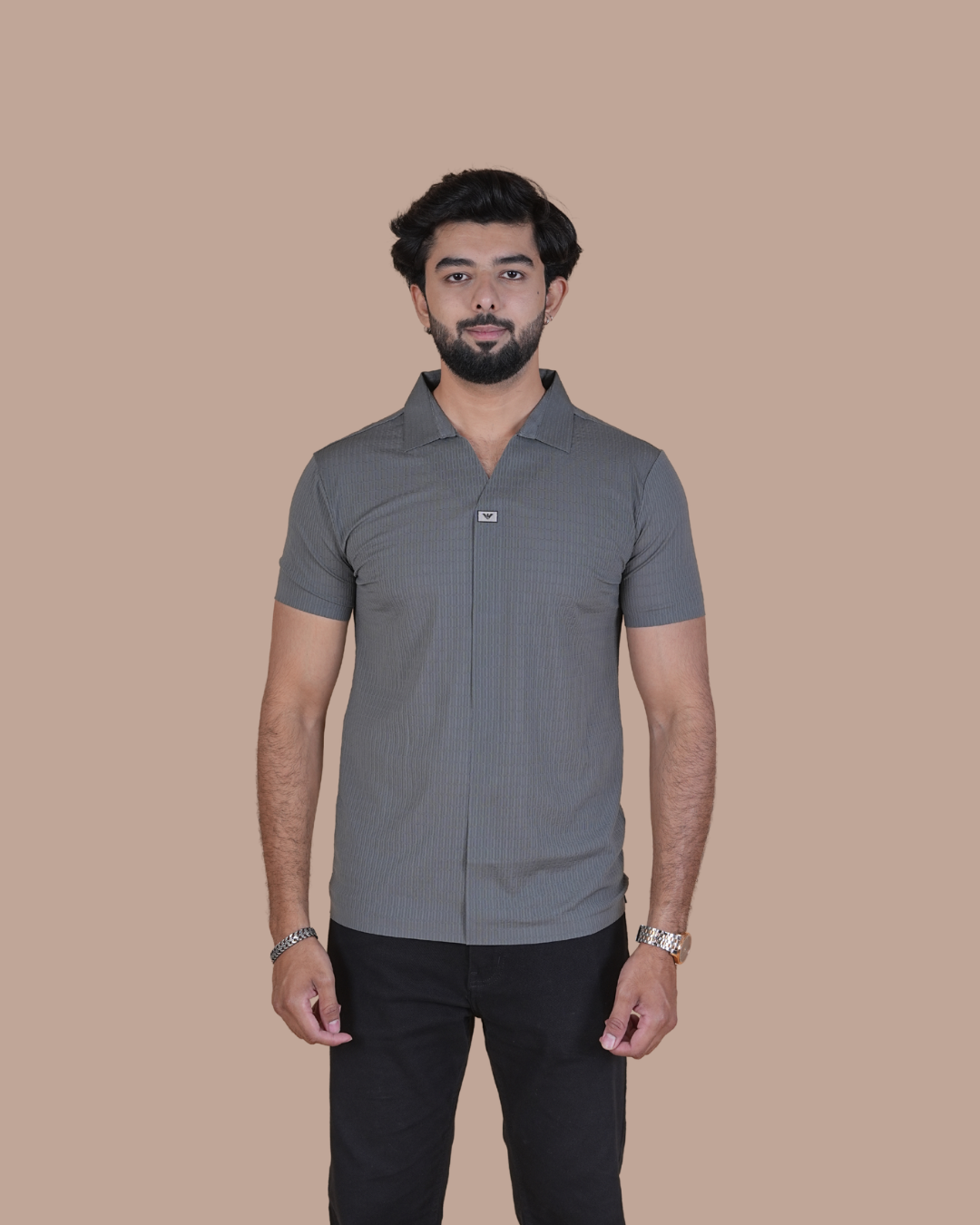Smoke Grey Seamless V-Neck Polo T-Shirt