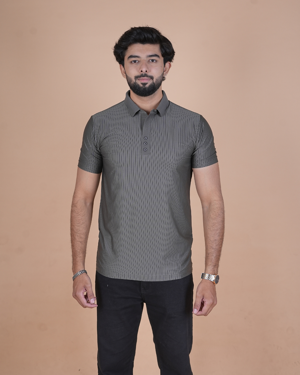charcoal gray Classic Stripe Half-Sleeve Polo T-Shirt