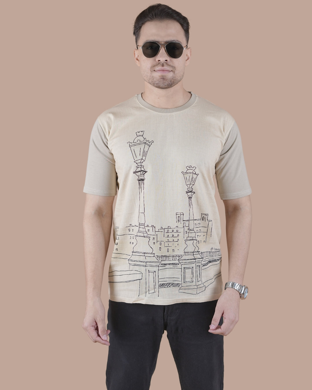 Sand Beige Linen Graphic Casual T-Shirt
