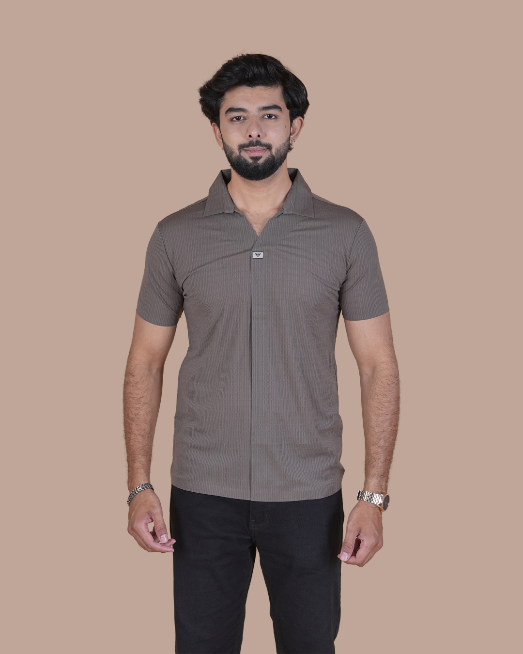 Taupe Brown Seamless V-Neck Polo T-Shirt