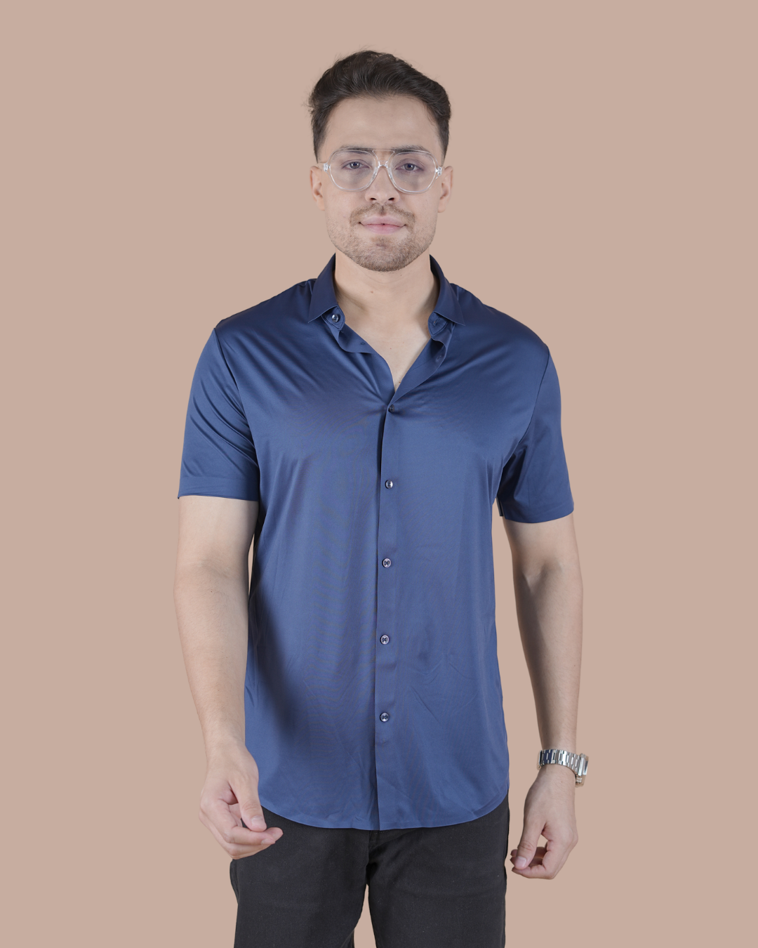 Dark Blue Solid Self-Shine Formal Half Sleeve Shirt