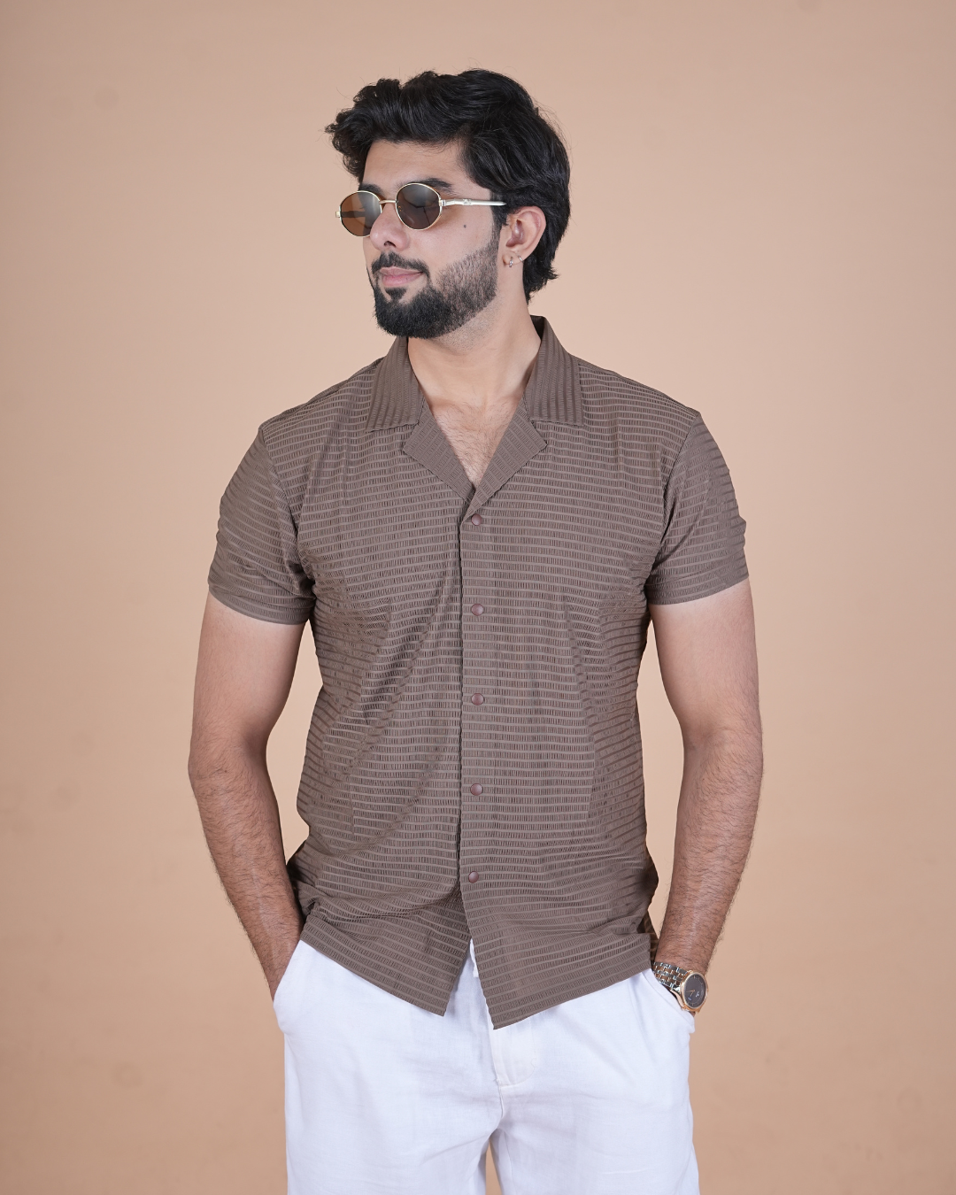 Mocha Brown Textured Stitchless Cuban Collar Shirt