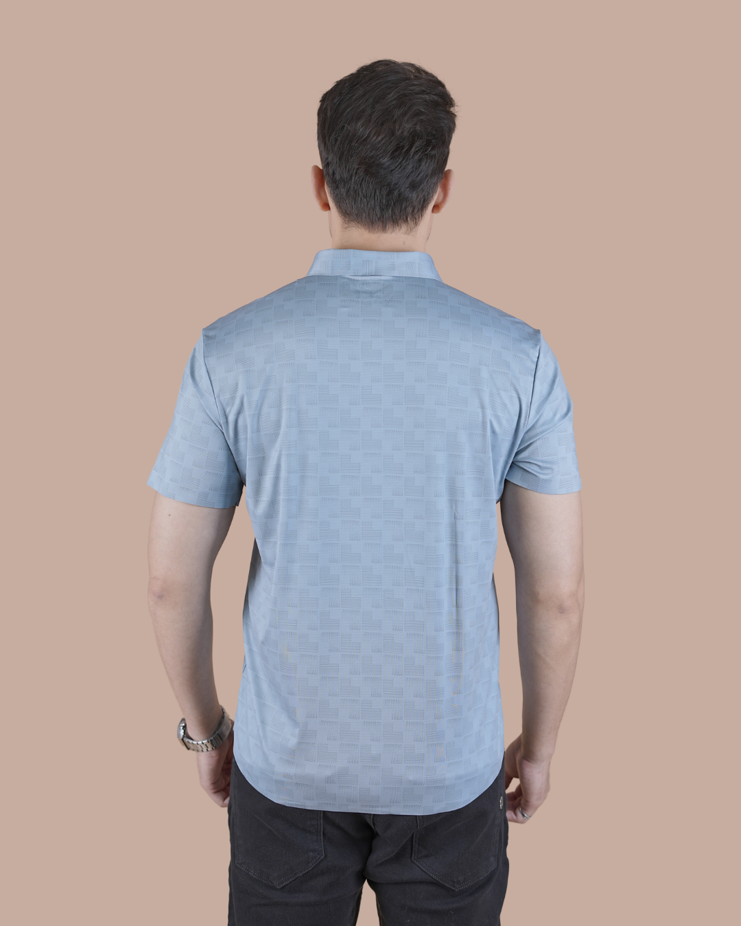 Sky Blue Textured Seamless Half Sleeve Shirt
