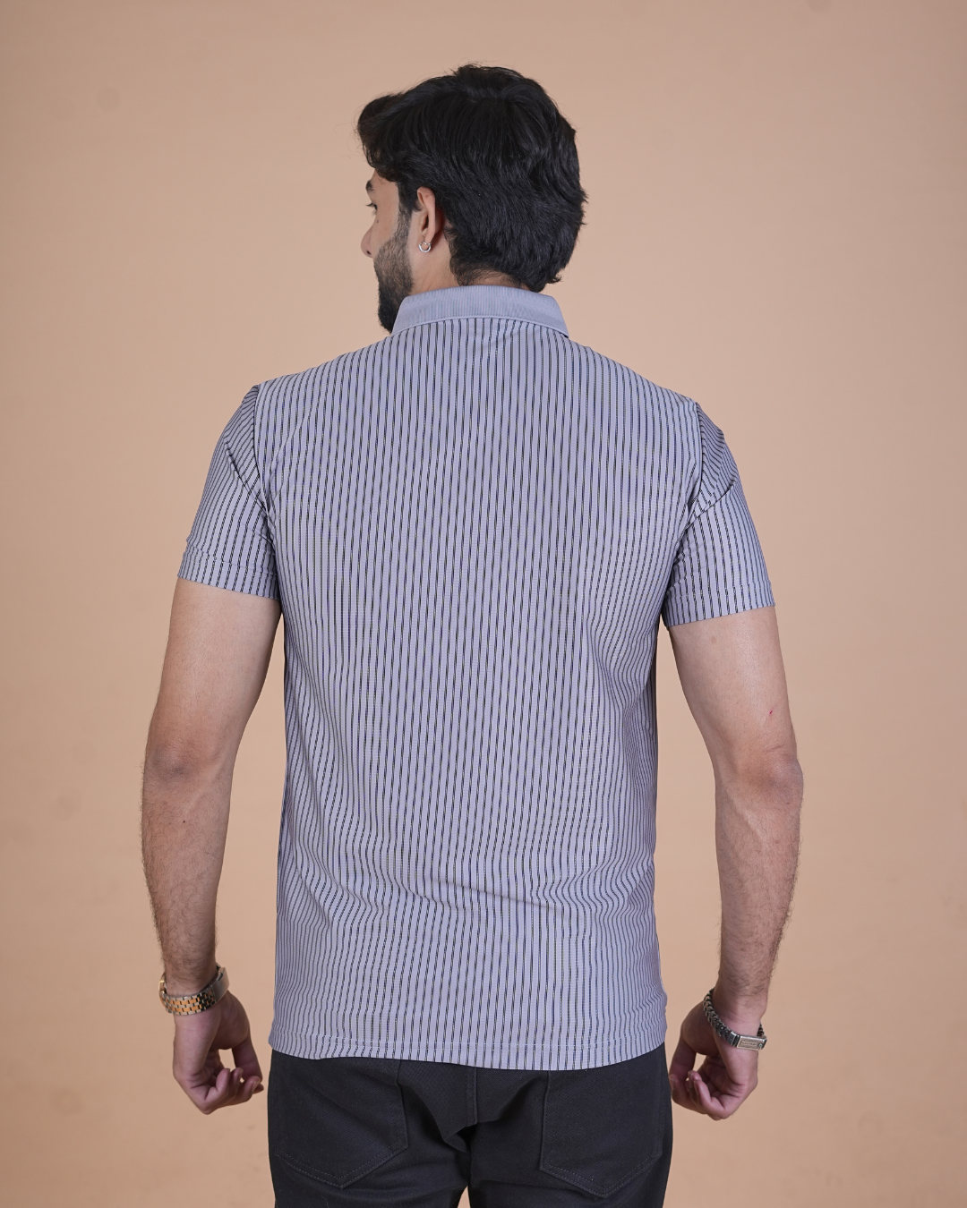gray Classic Stripe Half-Sleeve Polo T-Shirt