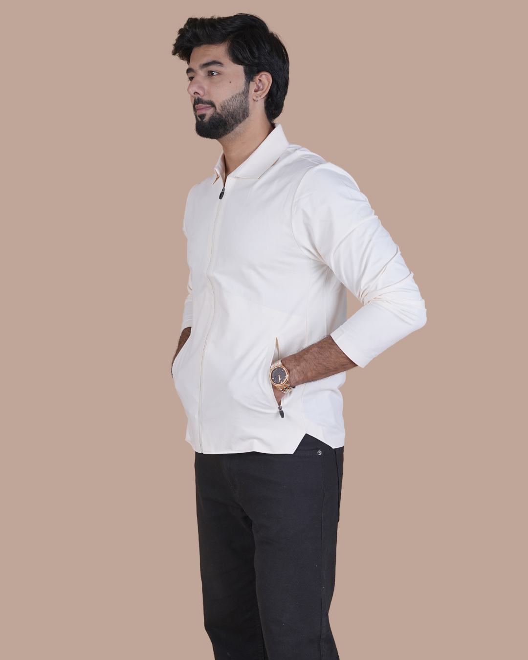 white Double Pocket Full-Sleeve Zipper Jacket