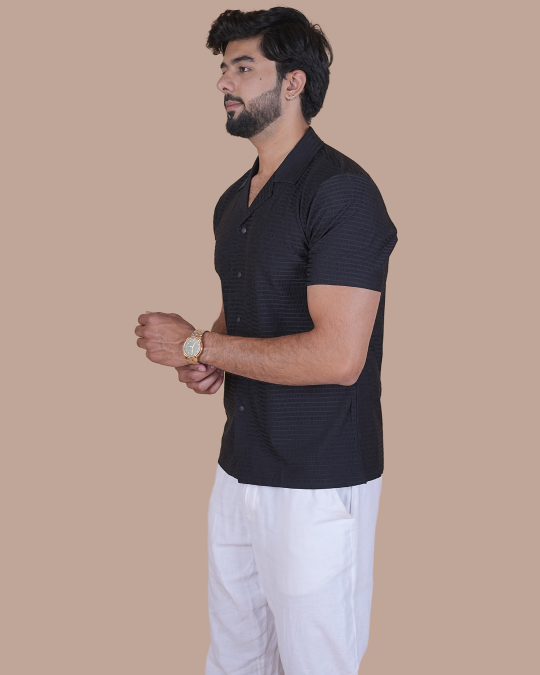 Black Textured Stitchless Cuban Collar Shirt  Description: