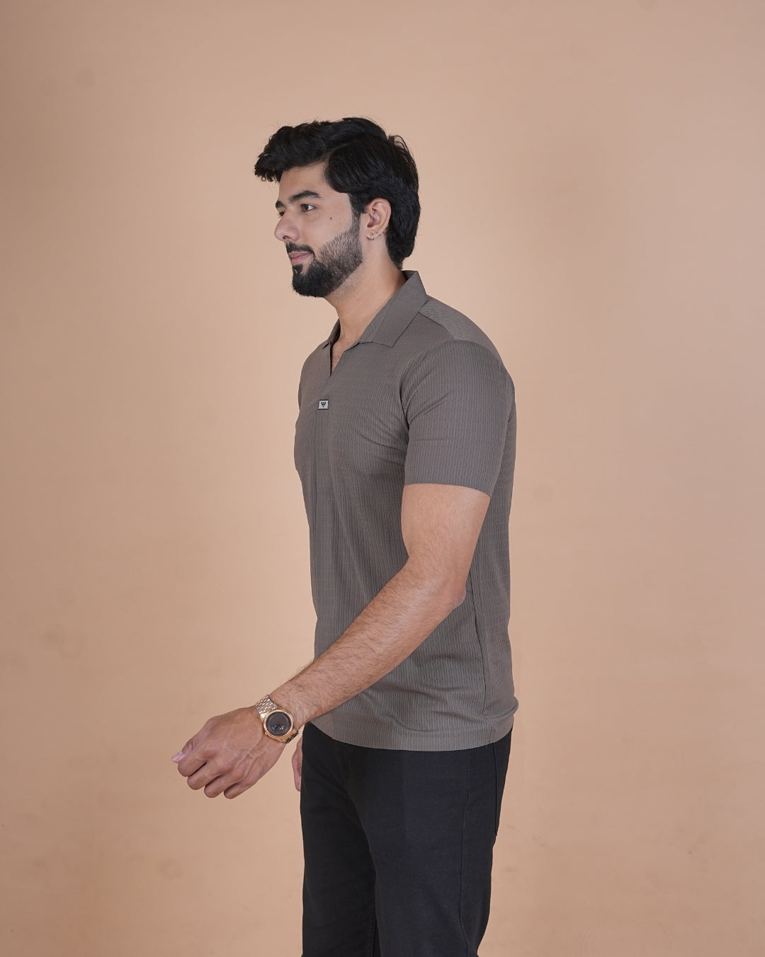 Taupe Brown Seamless V-Neck Polo T-Shirt