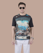 Onyx Black Linen Graphic Casual T-Shirt