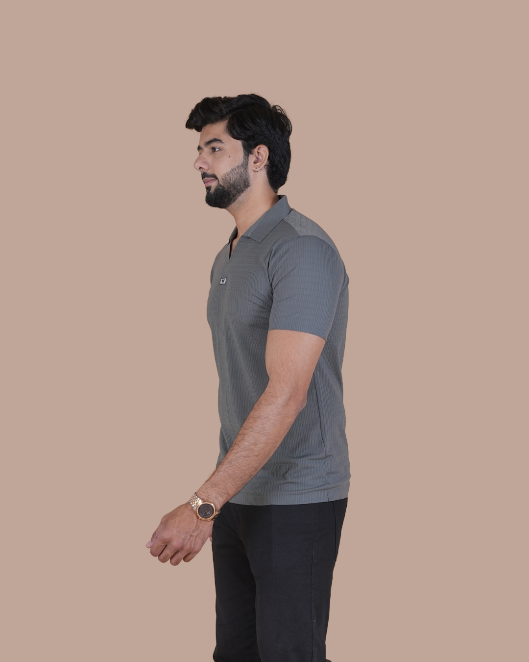 Smoke Grey Seamless V-Neck Polo T-Shirt