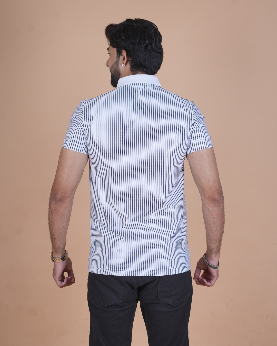 white Classic Stripe Half-Sleeve Polo T-Shirt